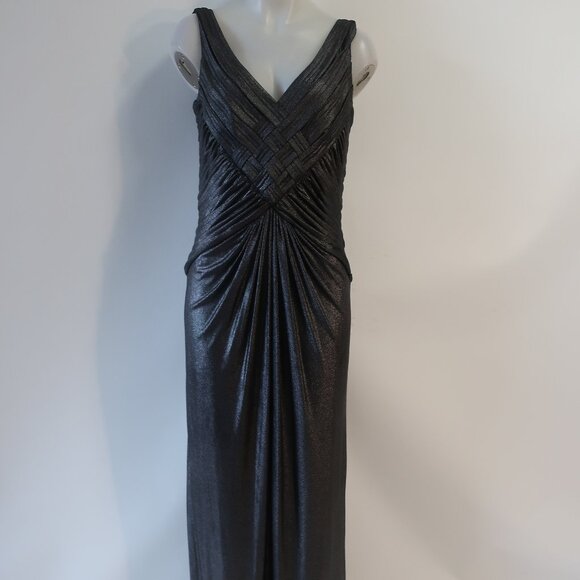 Women Tadashi Collection Gunmetal Shimmer Ruched V-Neck Sleeveless Gown Dress L - Picture 1 of 16